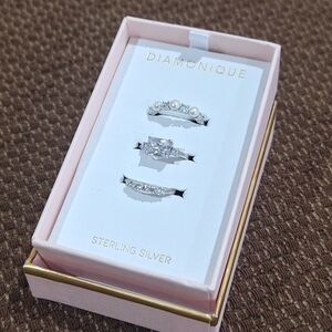 Diamonique Sterling Silver 3-Piece Ring Set CZ Pearl Band Stack Rings Size 7
